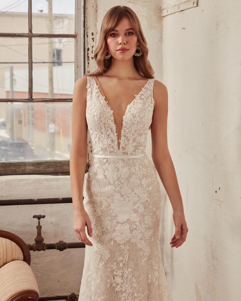 La21231 simple sexy wedding dress with lace and tank straps3